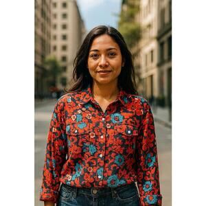 Jones New York Signature Women’s Red Blue Button Up Roll Tab Steeve Shirt, XL